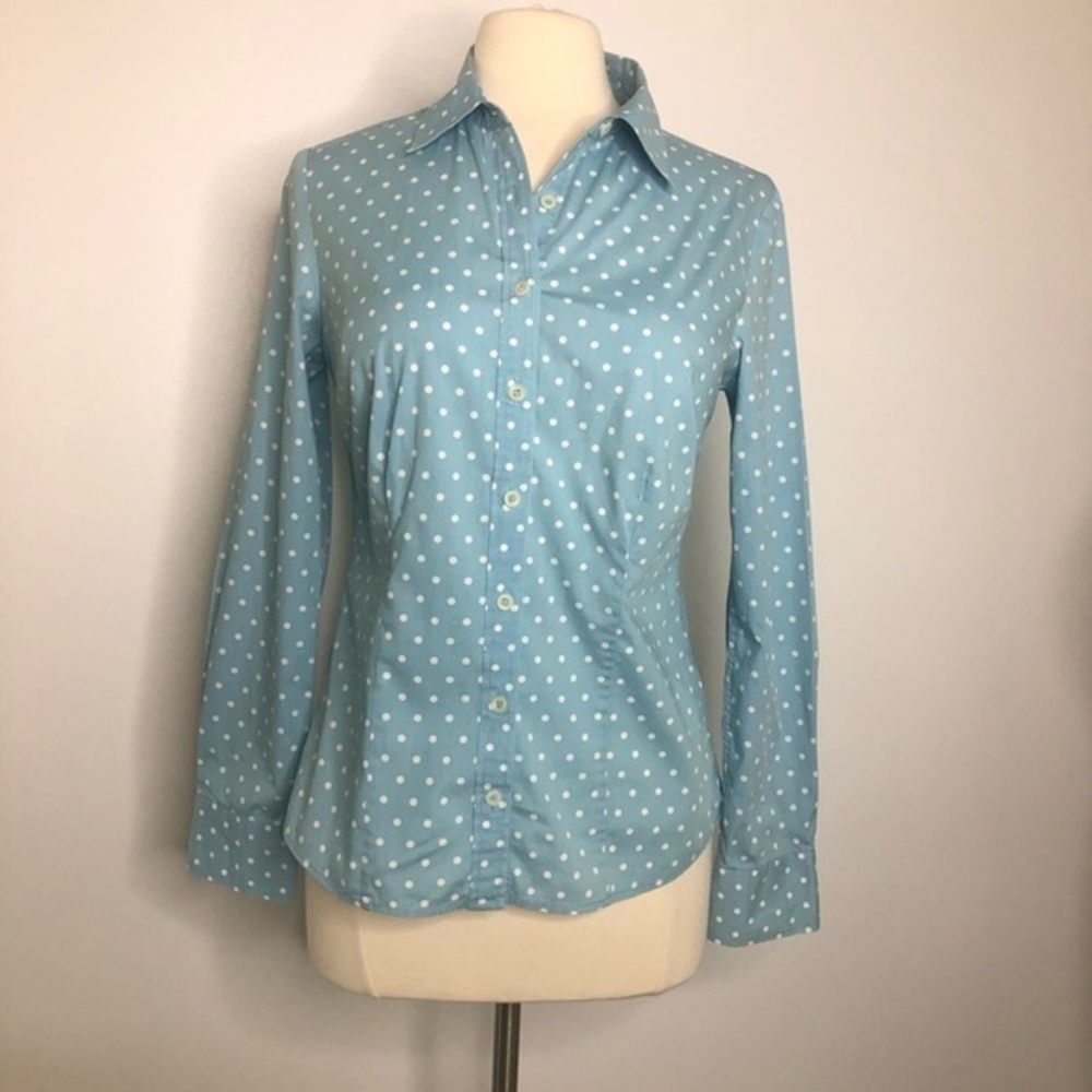Boden light blue polka dot poplin button down shirt, size 6